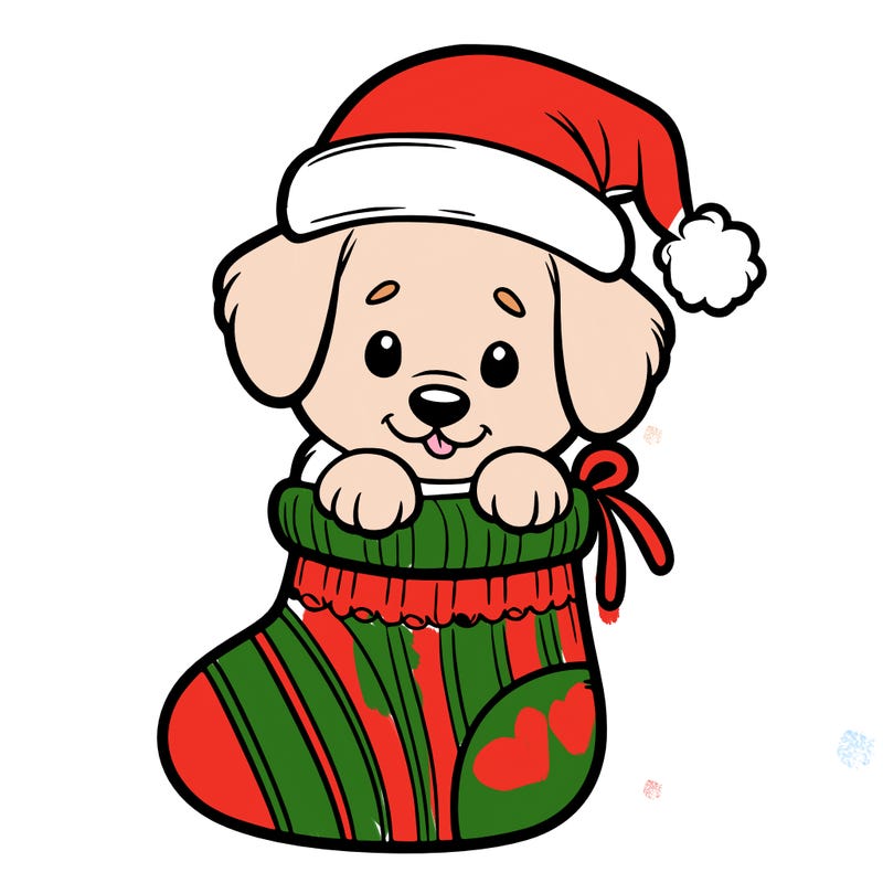 cute puppy wearing santa hat in socking