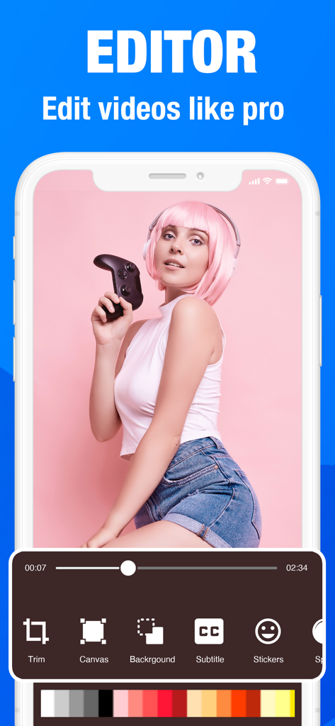 Screen recorder. Recording app - Mobile video editor interface showing editing tools like trim subtitles and stickers for content creators