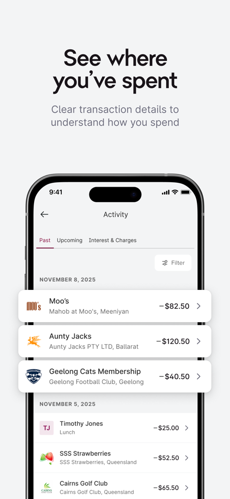 Bendigo Bank app activity screen showing a list of recent transactions with merchant logos and dollar amounts