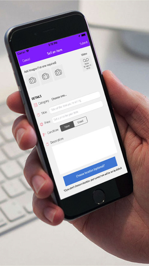 Gbay Deals - Gbay Deals mobile app interface showing the form to list an item for sale with fields for price and description