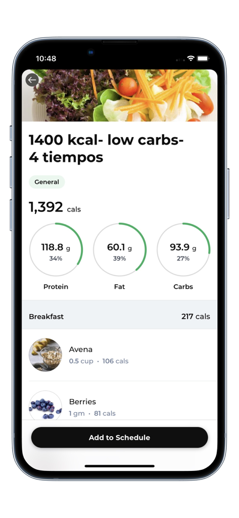 Interfaz móvil para la aplicación wOS by Andie que muestra un plan de comidas bajo en carbohidratos de 1400 calorías con desgloses de macronutrientes y opciones de desayuno.