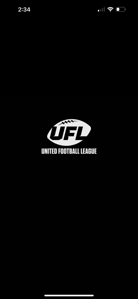 United Football League splash screen featuring the white UFL football logo on a black background