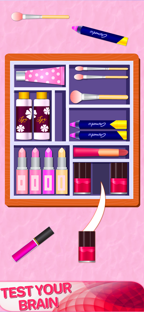 Beauty Organizer Game - A makeup organization puzzle level in Beauty Organizer Game where lipsticks, brushes, and nail polish are sorted into a tray