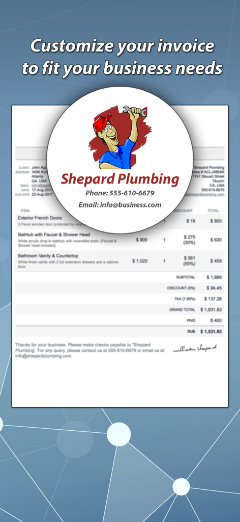Invoice & Estimate Maker - Factura profesional personalizada para un negocio de fontanería con logotipo y detalles de contacto