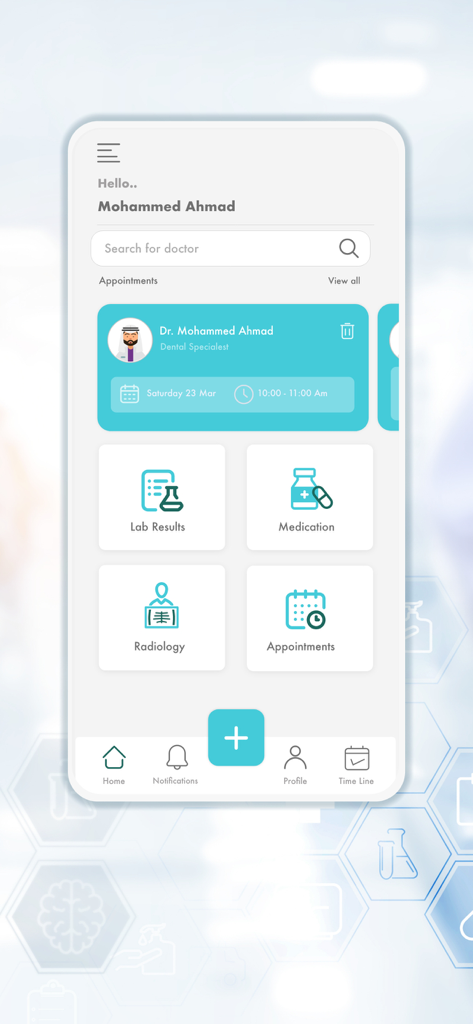 Dallah Hospitals mobile app dashboard showing patient appointments lab results and medication shortcuts.