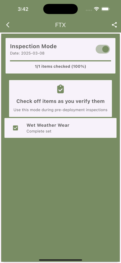 Infantry Platoon app inspection mode interface showing a checked packing list item for a field training exercise