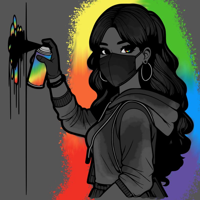 realistic girl with mask spray painting a wall