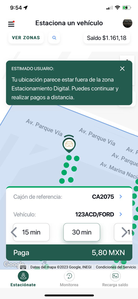Estacionamiento Digital - Interface of the Estacionamiento Digital app for paying parking meters in Mexico City via mobile phone showing a map and payment options.