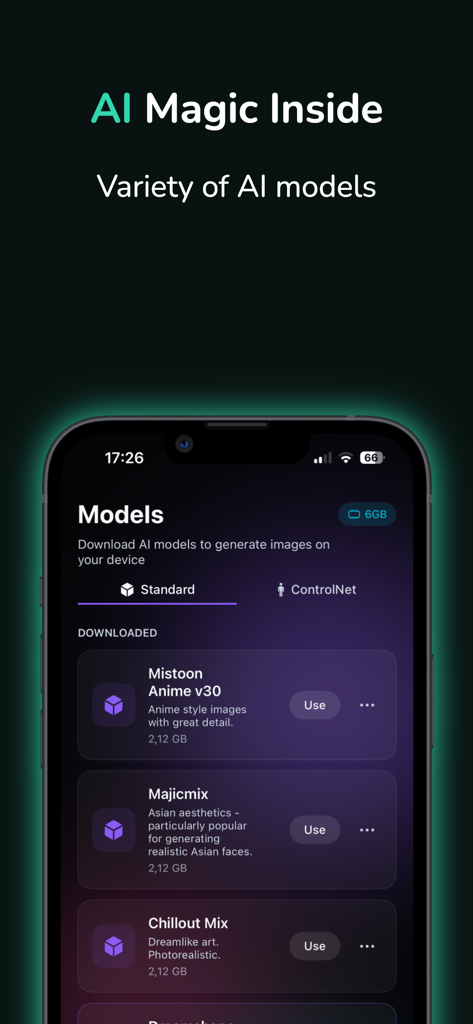 Interface of Lumina app displaying a list of downloadable AI models for local image generation on iPhone