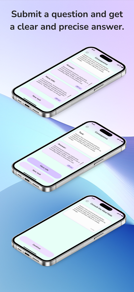 Homework Solver: AI Helper App - Tres pantallas de iPhone mostrando la aplicación IA Solucionador de Tareas proporcionando respuestas precisas a preguntas educativas