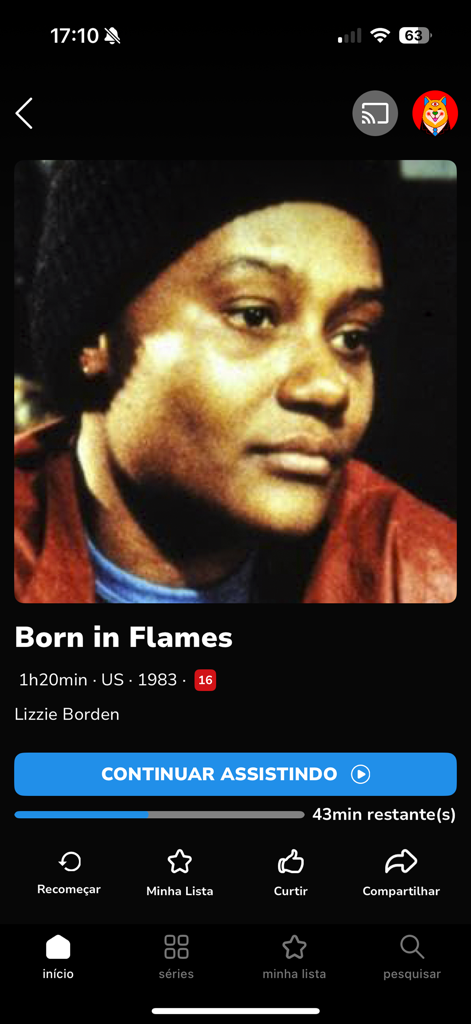 Sesc Digital - Sesc Digital app screen showing details for the film Born in Flames with a continue watching button