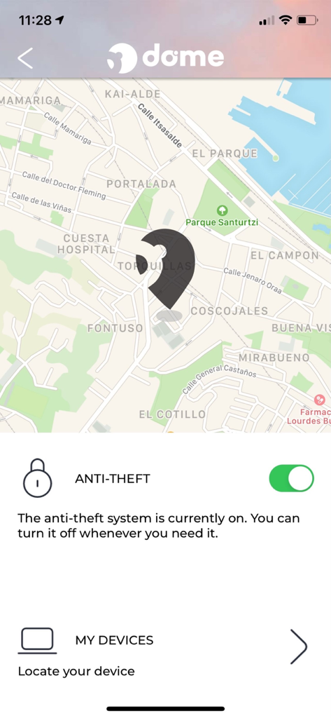 PandaDome mobile app screen showing the anti-theft feature enabled with a map view for device tracking.
