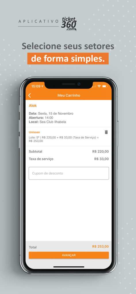 Ticket360 - Ticket360 mobile app checkout screen showing shopping cart details for an event in Brazil