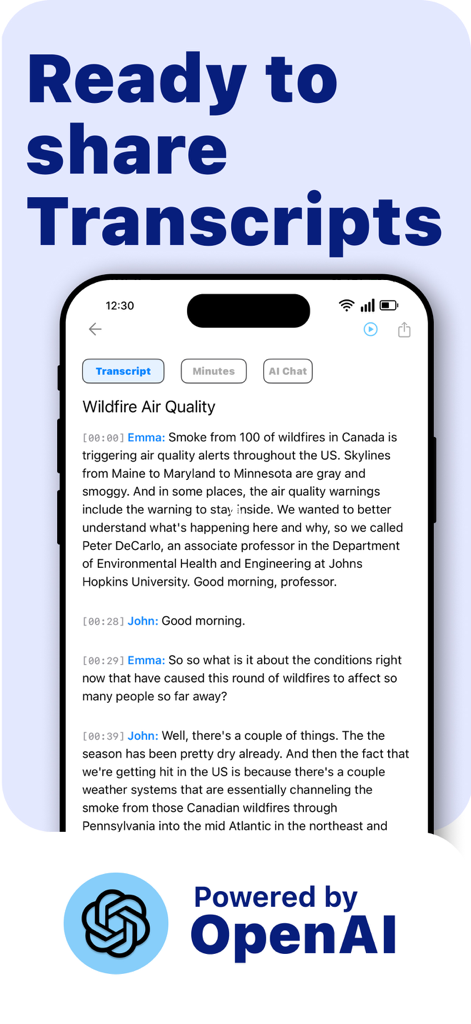 MinuteWise: AI Note Taker - MinuteWise app displaying a conversation transcript powered by OpenAI
