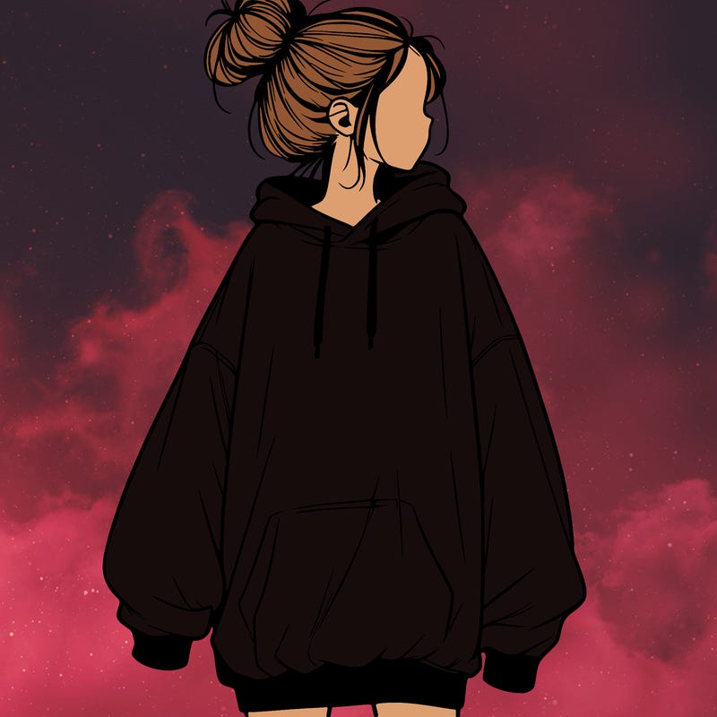realistic girl with a oversized sweatshirt on and a bun