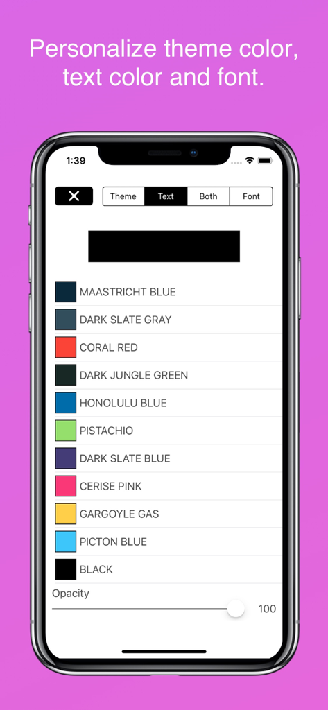 Diary with lock - Customization screen in the Diary with lock app for selecting theme and text colors.