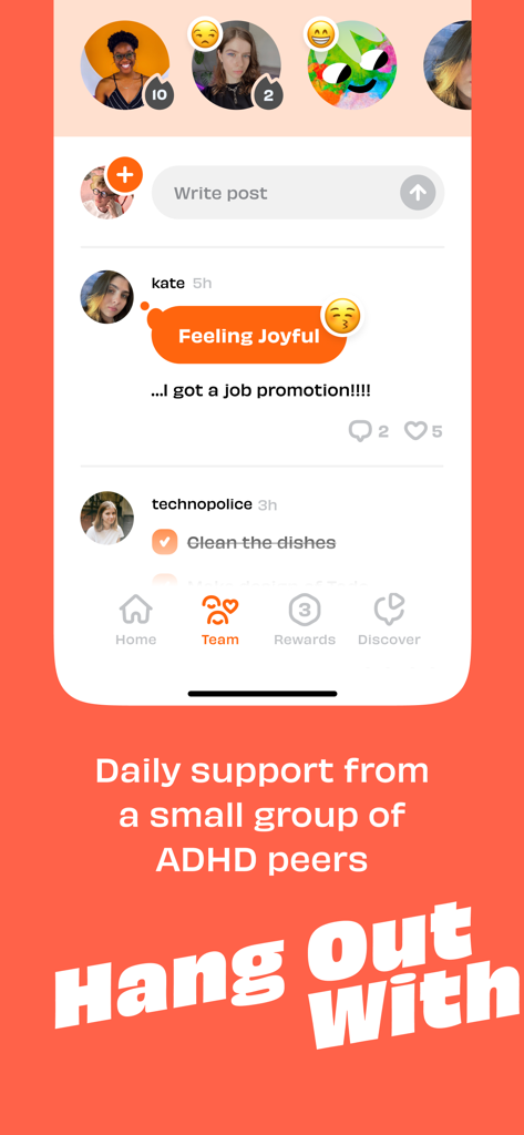 Numo: Cringe-Free ADHD App - Social feed of Numo app showing user posts and support from ADHD peers