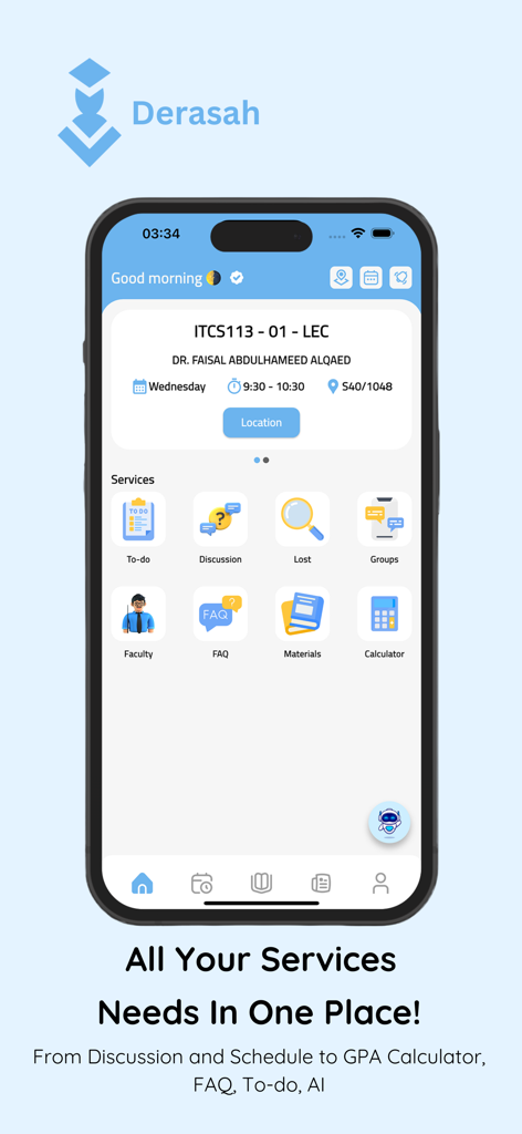 Derasah - Painel do aplicativo Derasah exibindo serviços acadêmicos e horário de aulas