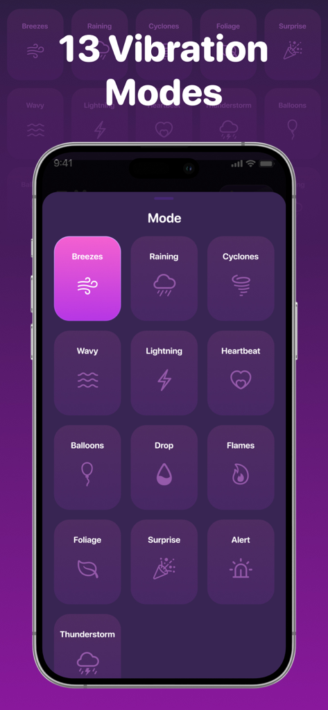 Smartphone screen showing thirteen unique vibration modes for the massage app