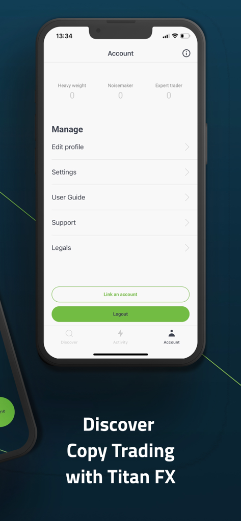 Pantalla de gestión de cuenta en la aplicación Titan FX Social mostrando estadísticas del usuario y configuración del perfil.