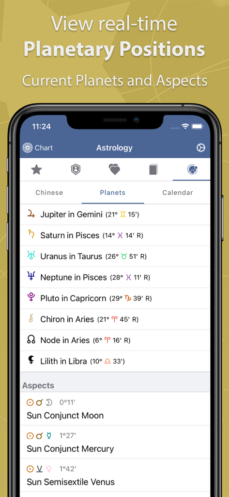 Screenshot of the Astrolis app showing real-time planetary positions and astrological aspects.