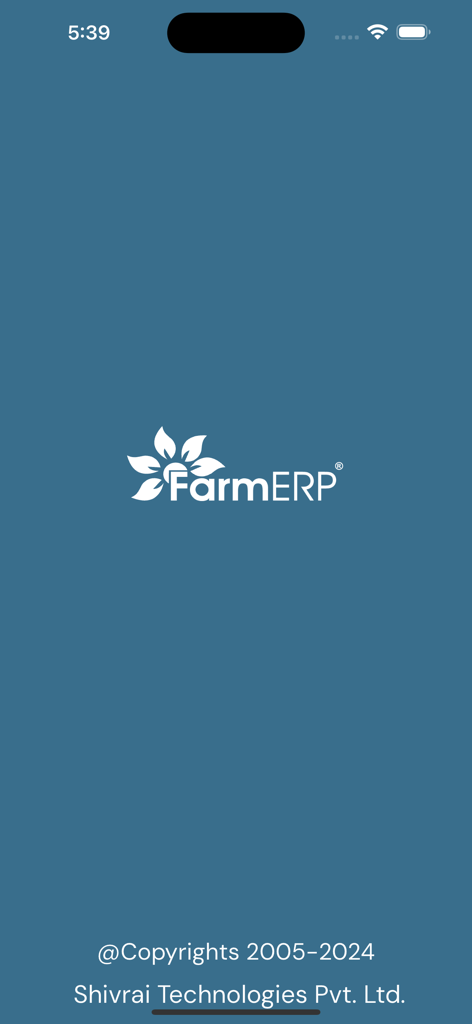 FarmERP app splash screen displaying the brand logo and developer information on a blue background