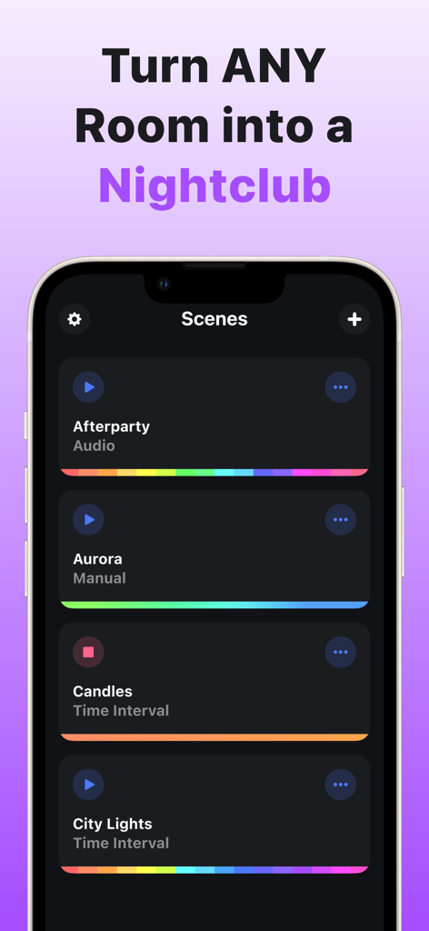Hue Party for Philips Hue - Pantalla del menú de escenas de la aplicación Hue Party en un smartphone mostrando preajustes de iluminación de discoteca