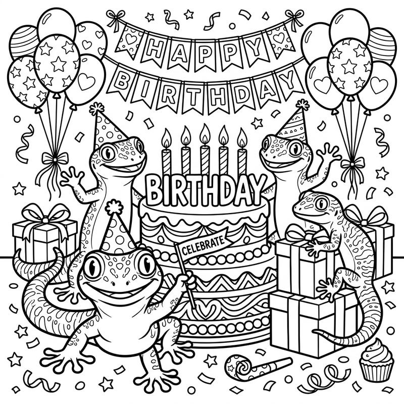 Join these charming geckos for an unforgettable birthday bash, complete with cake, balloons, and plenty of presents! This delightful coloring page captures all the joy and excitement of a special celebration, perfect for coloring enthusiasts of all ages.