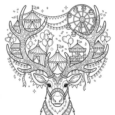 Unleash your creativity with this spectacular coloring page, where a grand reindeer's antlers transform into a vibrant carnival scene. Discover intricate circus tents, Ferris wheels, and balloons, all waiting for your artistic touch to bring them to life.