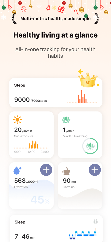 RelaxWatch app dashboard with daily health tracking metrics for steps hydration and sleep