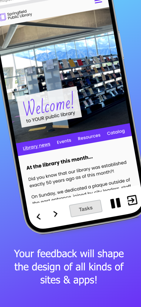Trymata Testing - Trymata mobile app interface showing a website usability test for the Springfield Public Library