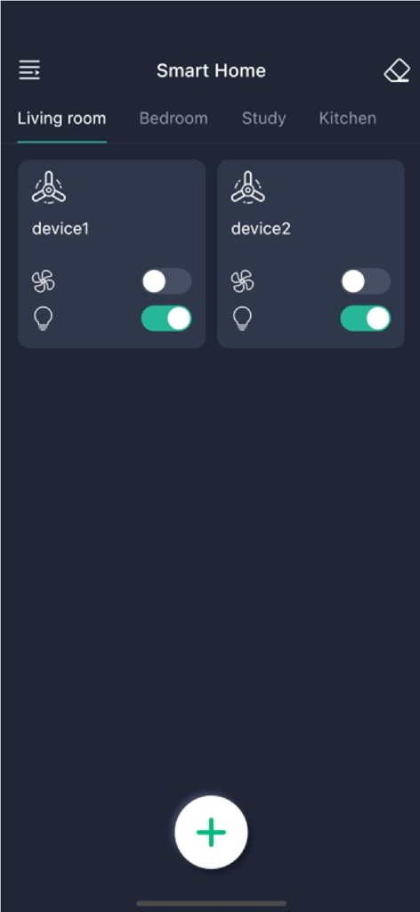 FanLamp Pro app dashboard showing fan and light controls for the living room