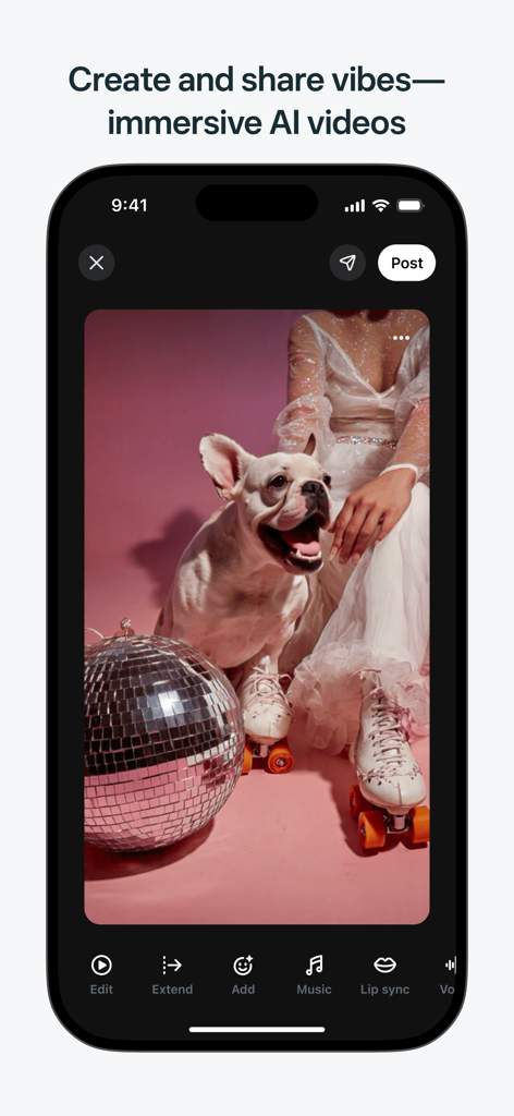 Smartphone screen showing the Meta AI app video editor with options to create and share immersive AI videos