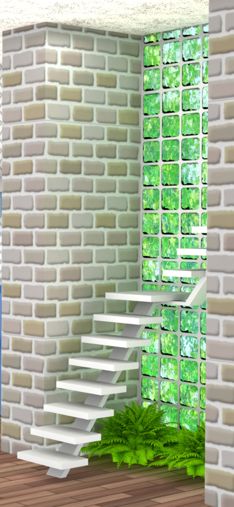 Escape Game Work From Home - Modern white floating staircase in a room with brick walls and green glass block windows.