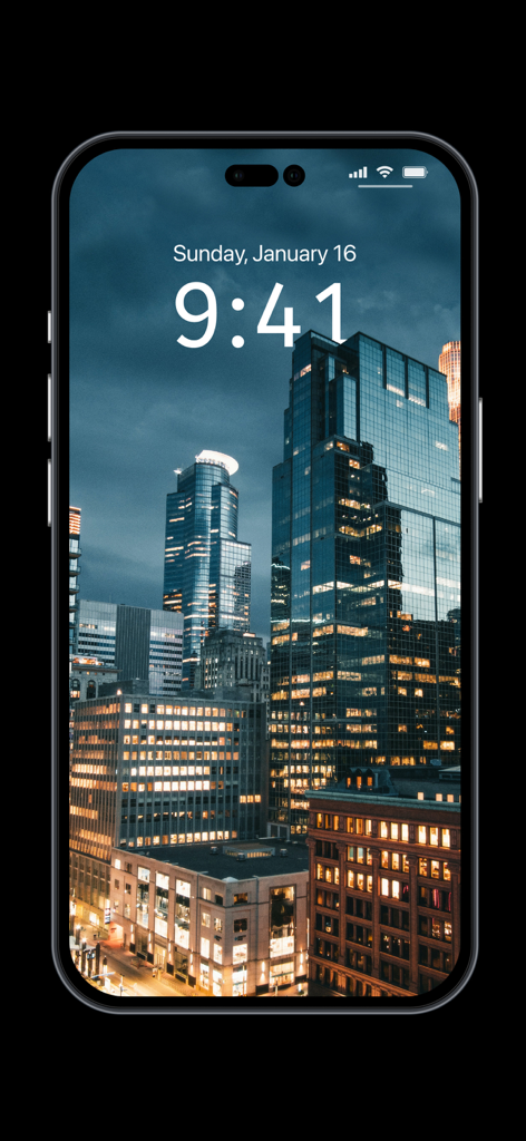 Depth Wallpaper & Live Effect - iPhone lock screen showing a night cityscape wallpaper with a depth effect on the clock