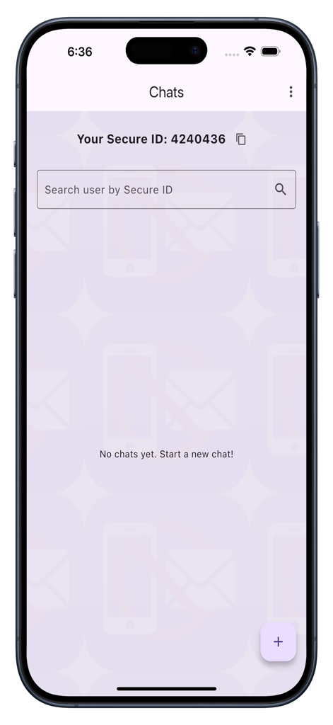 NoPhone NoEmail - The chats interface of the NoPhone NoEmail app showing a unique Secure ID and a search bar for finding other users anonymously.