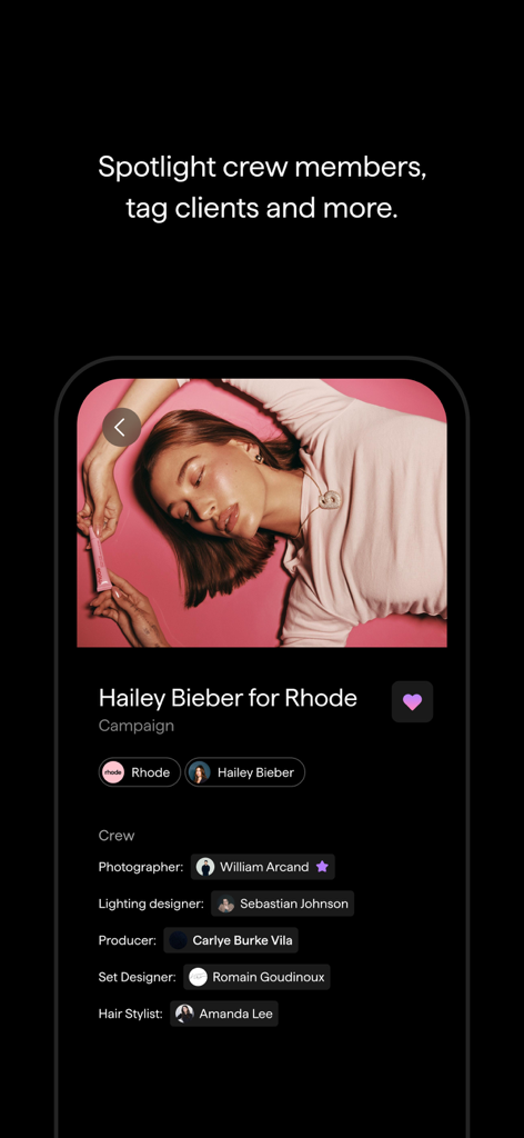 NOVA: The Creative Network - Capture d'écran de l'application NOVA montrant une campagne créative à la une avec des membres d'équipage tagués et des crédits de projet.