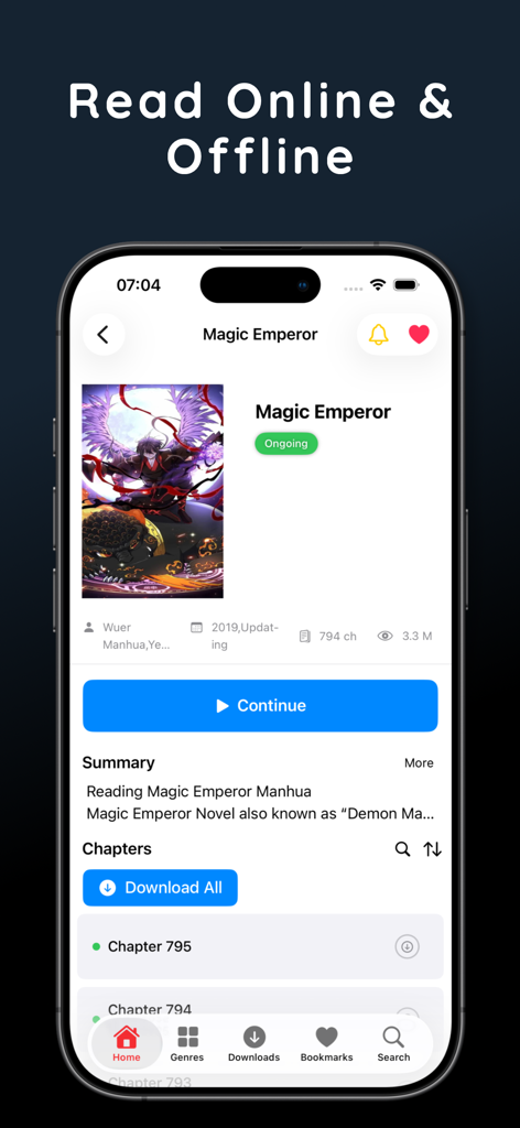 Manga Infinity - Manga Reader - L'application de lecture Manga Infinity affichant une série de manga avec des options pour lire en ligne ou hors ligne