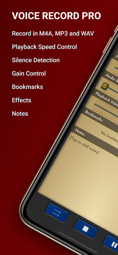 Interface do aplicativo Voice Record Pro mostrando formatos de gravação e recursos de áudio avançados