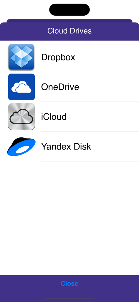 A FB2 Reader - Selection screen for cloud drives including Dropbox OneDrive iCloud and Yandex Disk in A FB2 Reader app