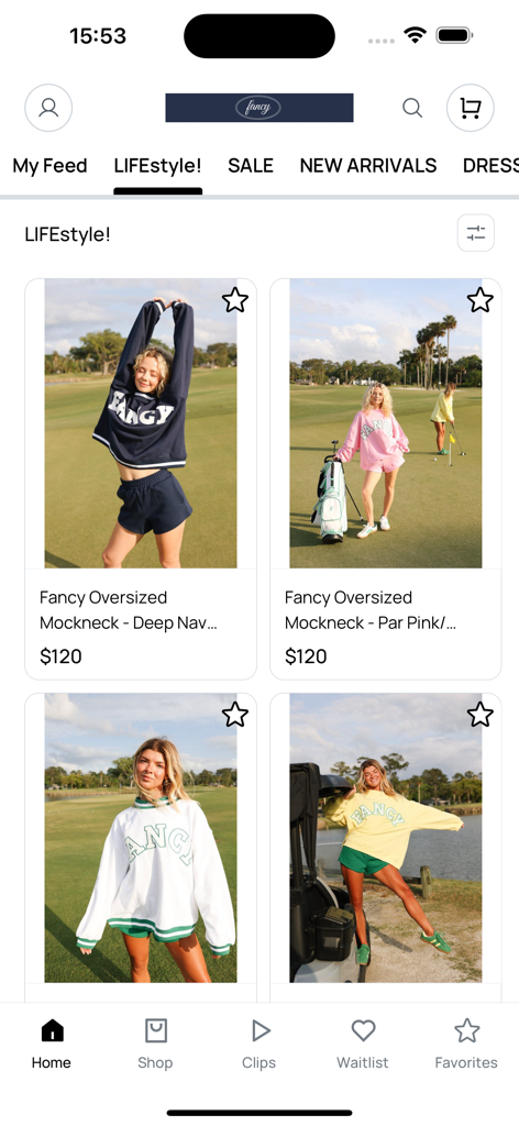 Fancy D Boutique - Mobile app interface for Fancy D Boutique showing women's oversized mockneck sweatshirts in the lifestyle section.