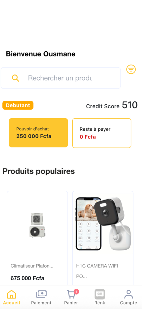 Lebalma - Panel de la aplicación Lebalma que muestra el puntaje de crédito, el poder adquisitivo y los productos electrónicos populares en venta