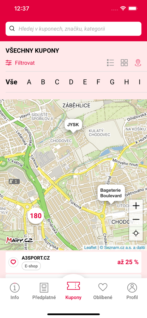 Mobile app screen showing a map with shopping coupons and store locations for Dny Marianne.