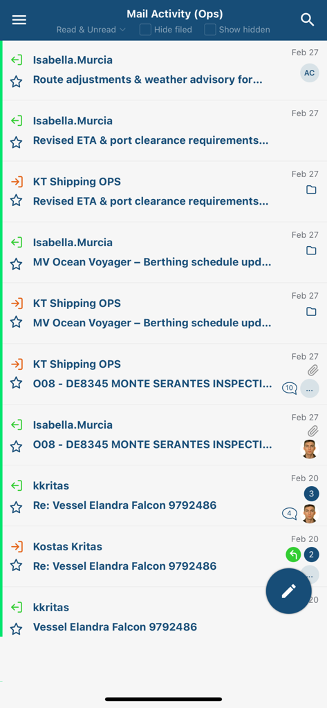 MarineTraffic Inbox - MarineTraffic Inbox app screen displaying a list of maritime operation emails and vessel updates