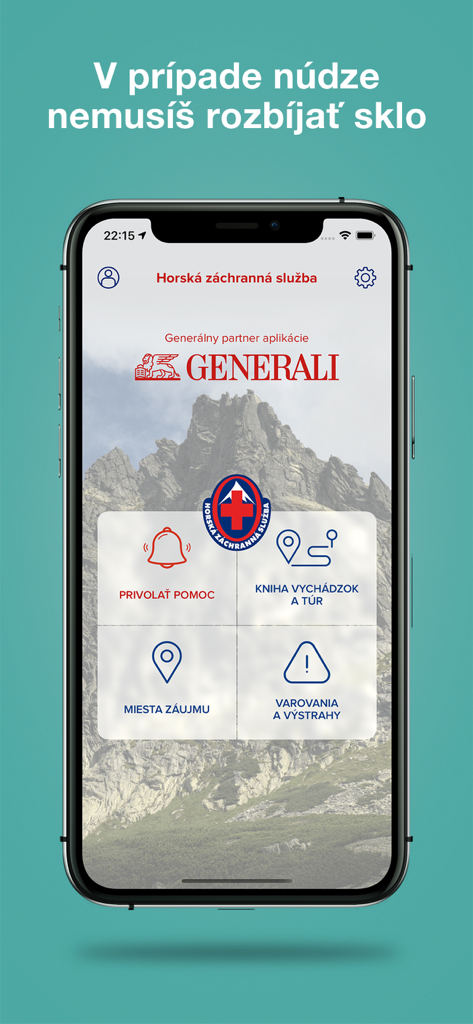 Interfaz principal de la app de Rescate de Montaña de Eslovaquia con botones para llamadas de emergencia, seguimiento de rutas, puntos de interés y advertencias de montaña.