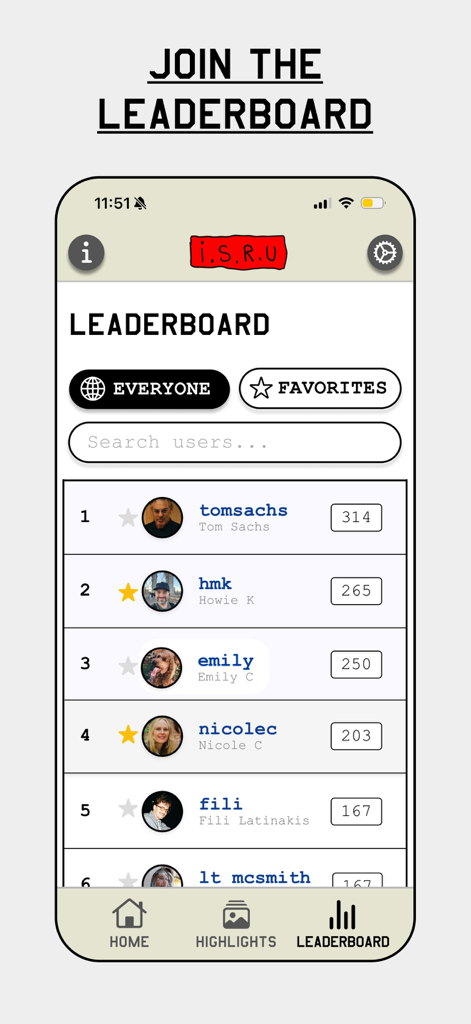 ISRU app leaderboard screen showing user rankings and scores in a minimalist industrial interface