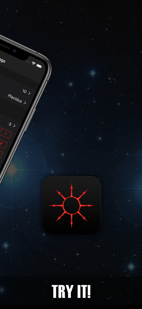 Astro Pro astrology app icon and technical settings on a starry background