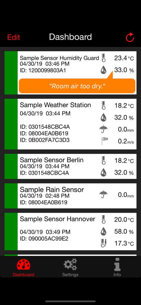WeatherHub - Dashboard der WeatherHub-App, das Echtzeit-Temperatur-, Luftfeuchtigkeits- und Niederschlagsdaten von mehreren drahtlosen Heimsensoren anzeigt.