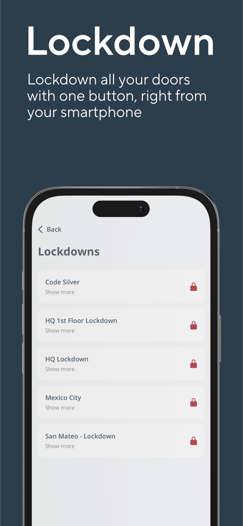 Verkada Pass app lockdown screen showing remote emergency lock options for multiple locations