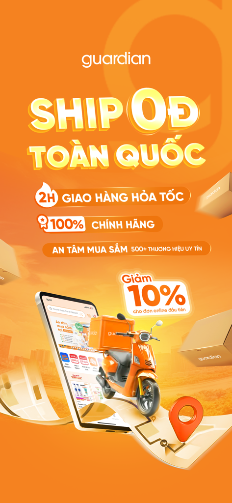 Pantalla de la aplicación Guardian VN que muestra envío nacional gratuito y un descuento del 10 por ciento en el primer pedido en línea.